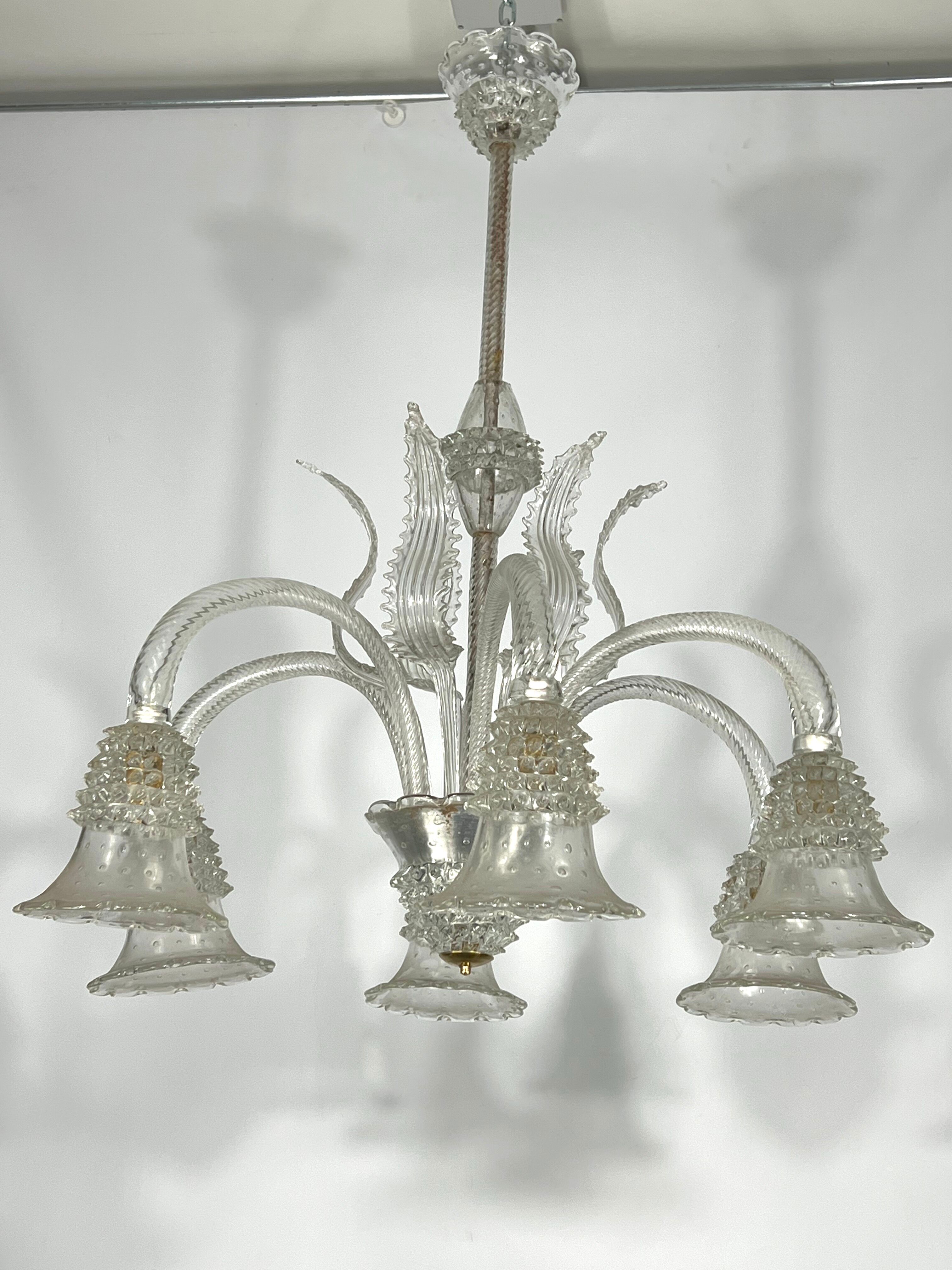 Mid-century six arms Murano Bullicante Rostrato chandelier by Ercole Barovier