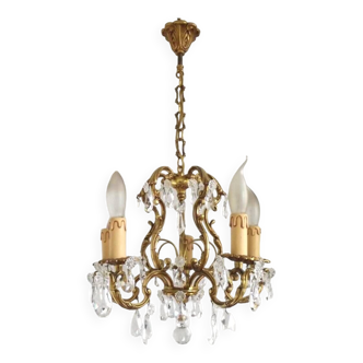 French Art Noveau Bronze 5 Light Cage Chandelier Beautiful Crystals Drops 4674