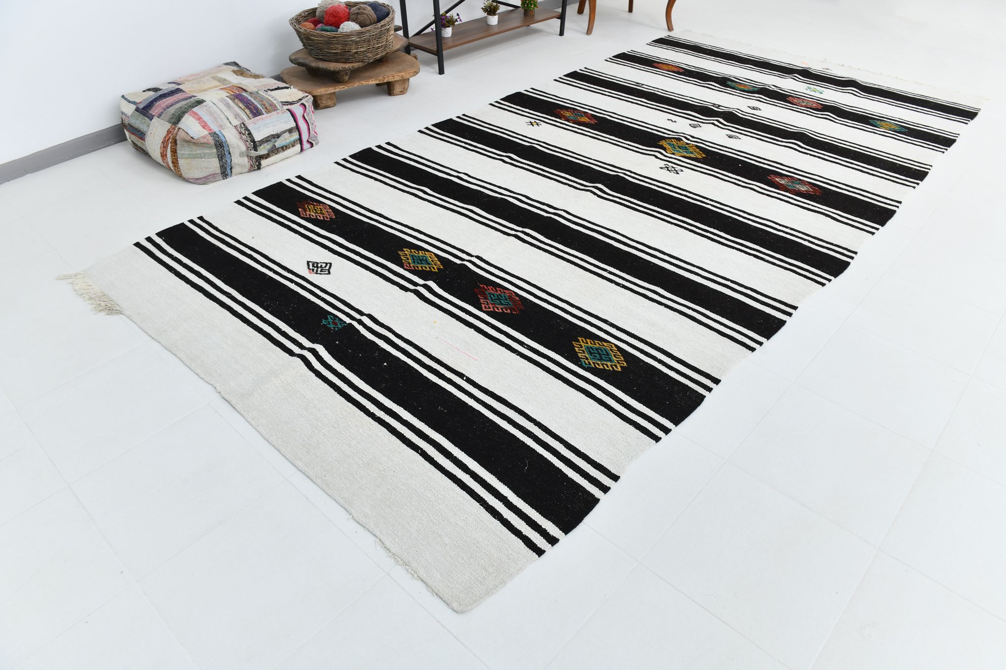 Tapis de chanvre blanc et noir 6x13, 202x404cm
