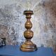 Table lamp, turned wooden foot, 8 rattan petals and golden mesh