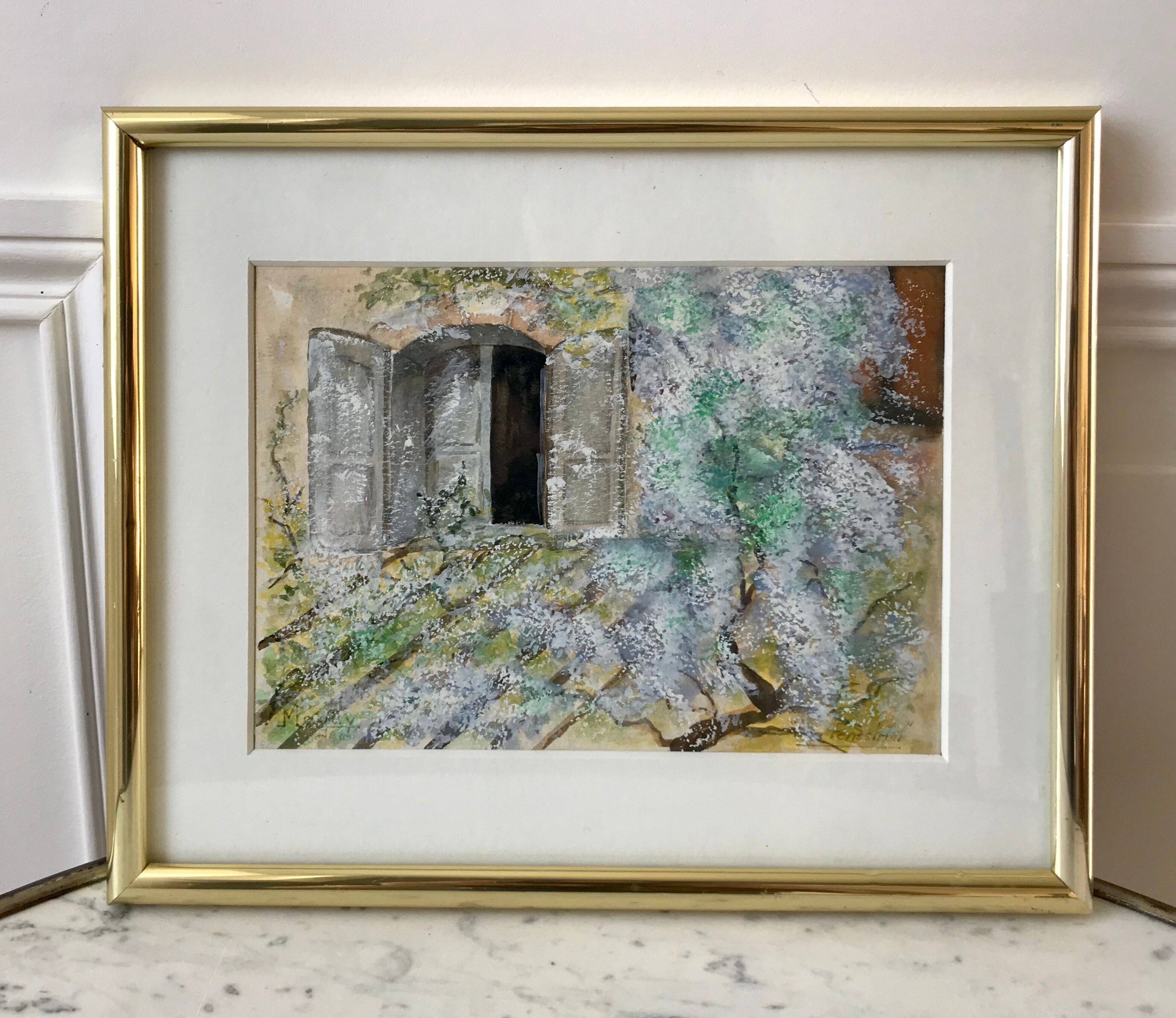 Watercolor "Les Fenestrons" signed and framed vintage