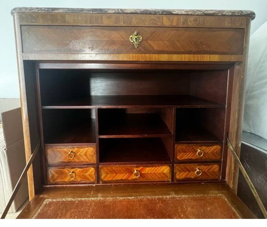 Louis XVI style secretary in marquetry, marble and bronze, 19th/20th century.