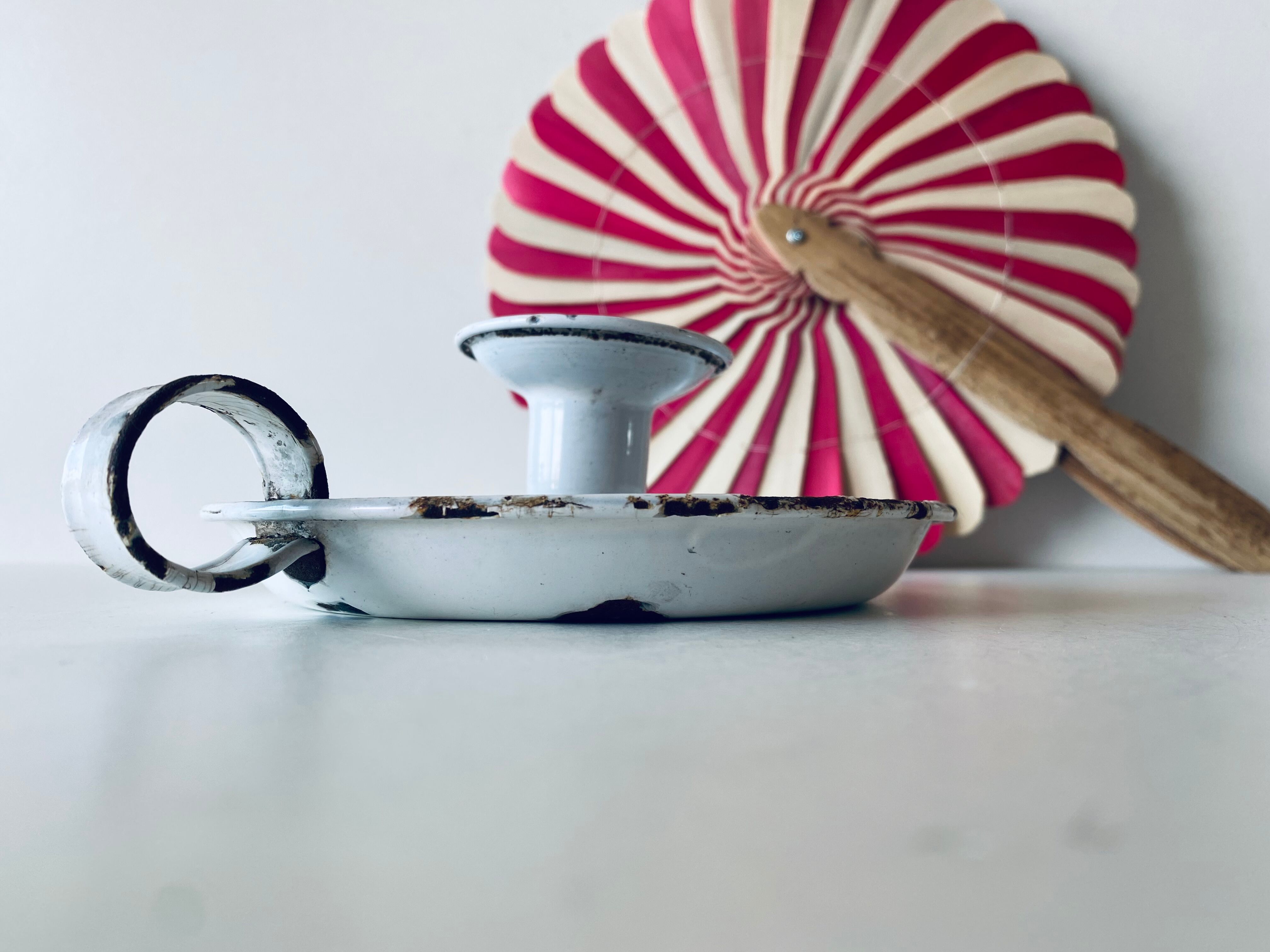 White enamelled candle holder