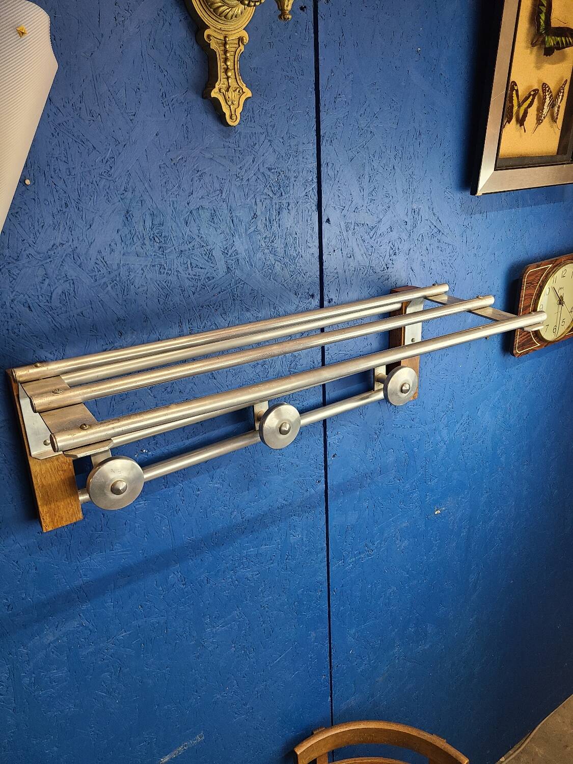 Coat rack, oak, vintage aluminum