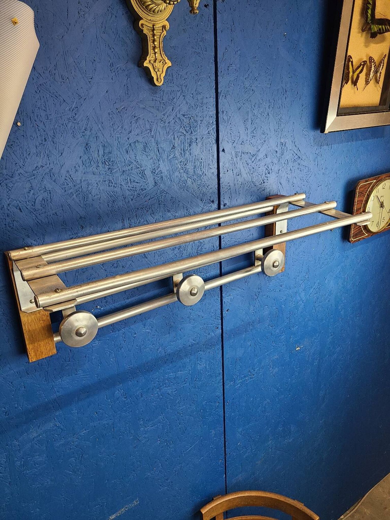 Coat rack, oak, vintage aluminum