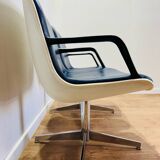 2 office chairs attr. to Strafor, white molded plastic shell, blue skai and chrome metal star base