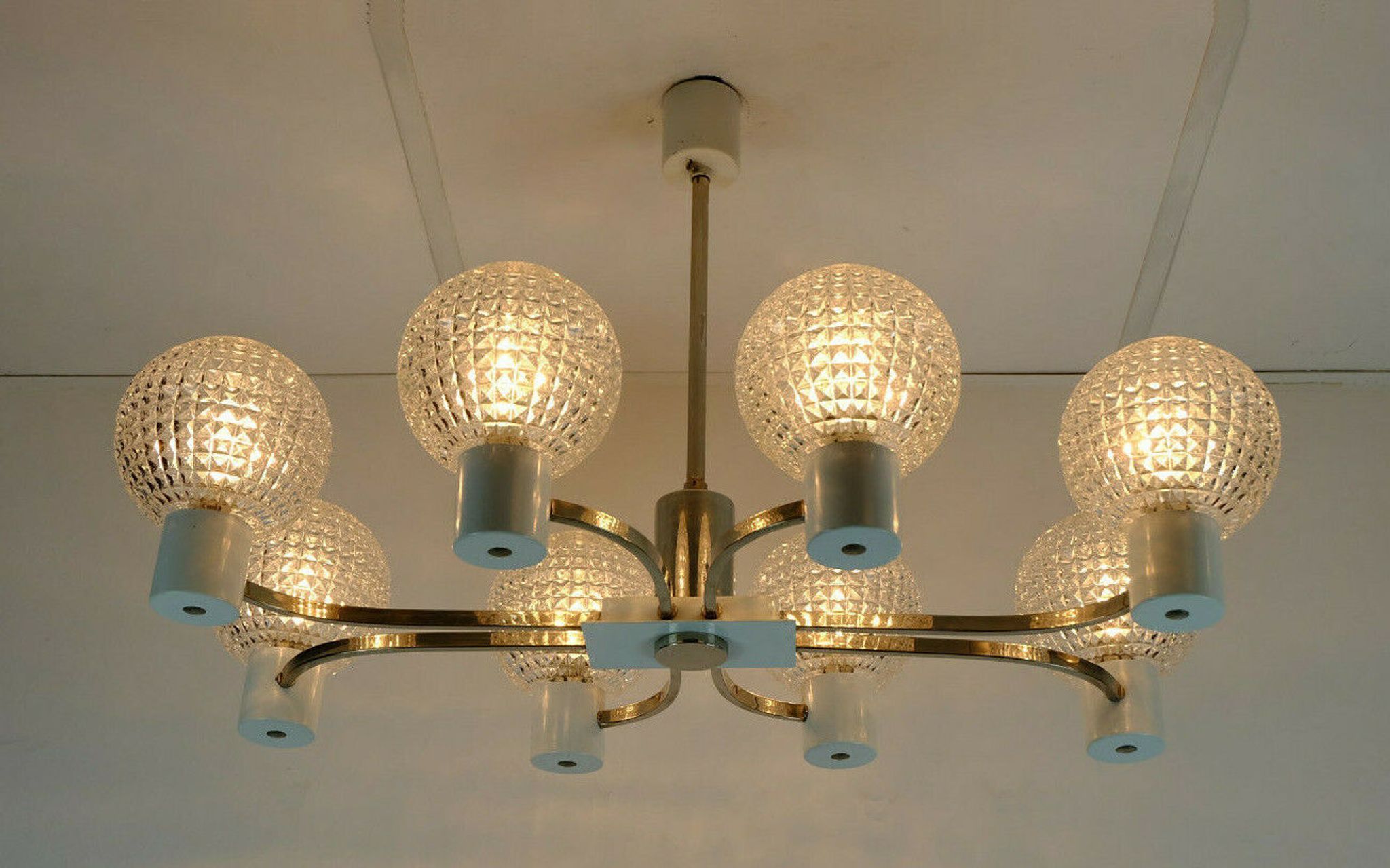 1960s mid century HANGING LAMP chrome metal chandelier with 8 glass shades