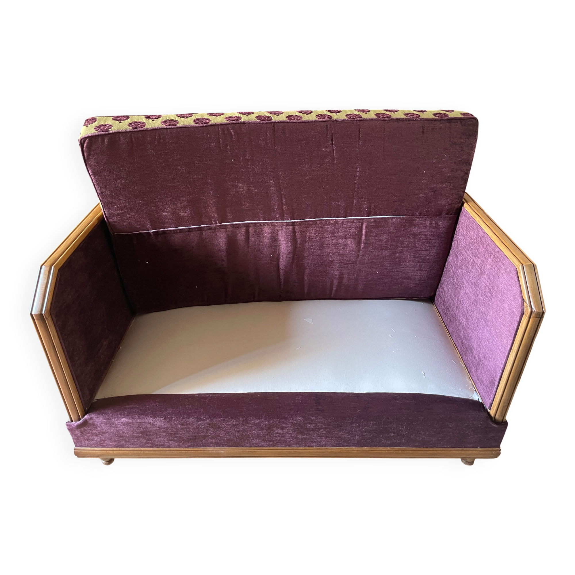 Small 2-seater Art Deco sofa in wood and fabric.