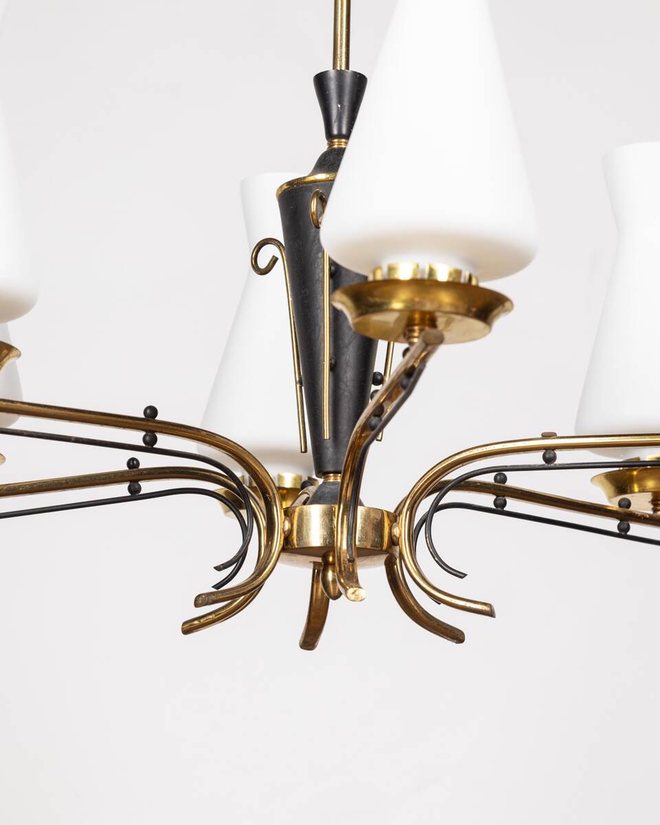 VINTAGE 50'S CHANDELIER IN BRASS AND GLASS ITALIAN DESIGN