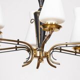 VINTAGE 50'S CHANDELIER IN BRASS AND GLASS ITALIAN DESIGN