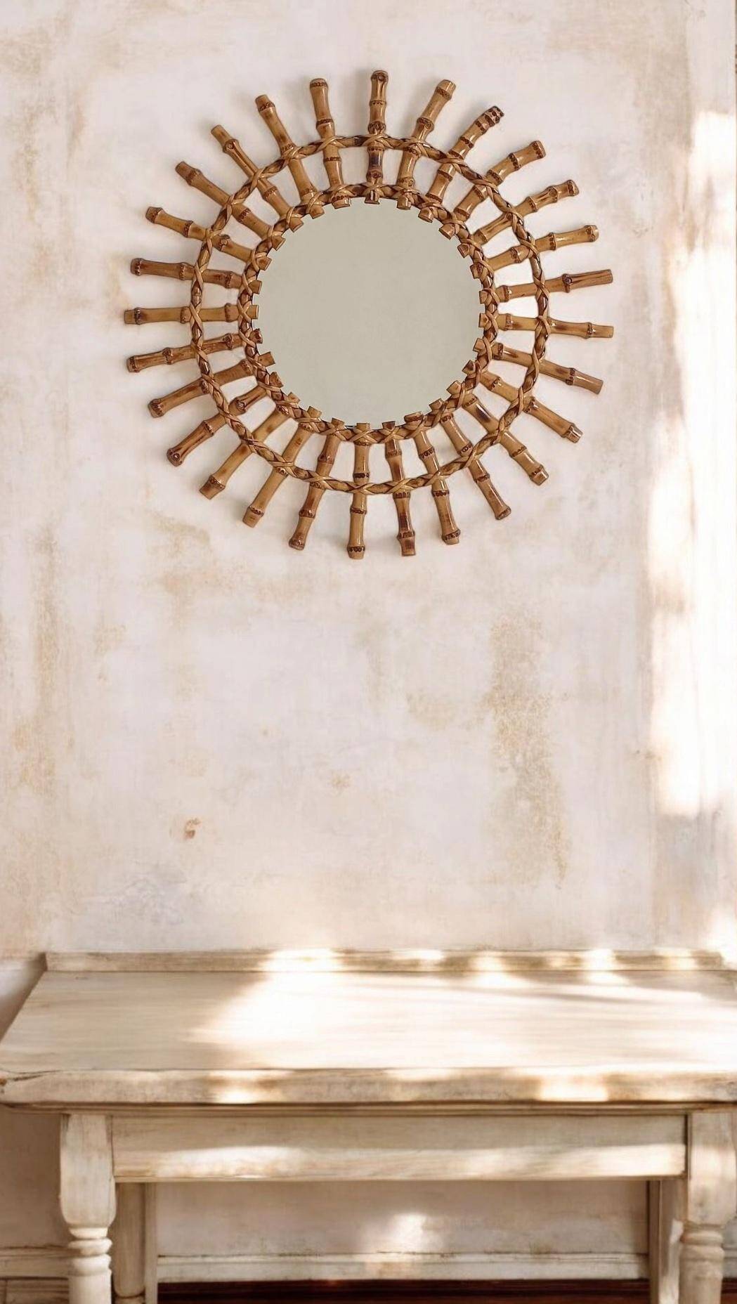 Midcentury Sunburst Mirror, Bamboo & Rattan, Handmade in France, 1950s