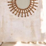 Midcentury Sunburst Mirror, Bamboo & Rattan, Handmade in France, 1950s