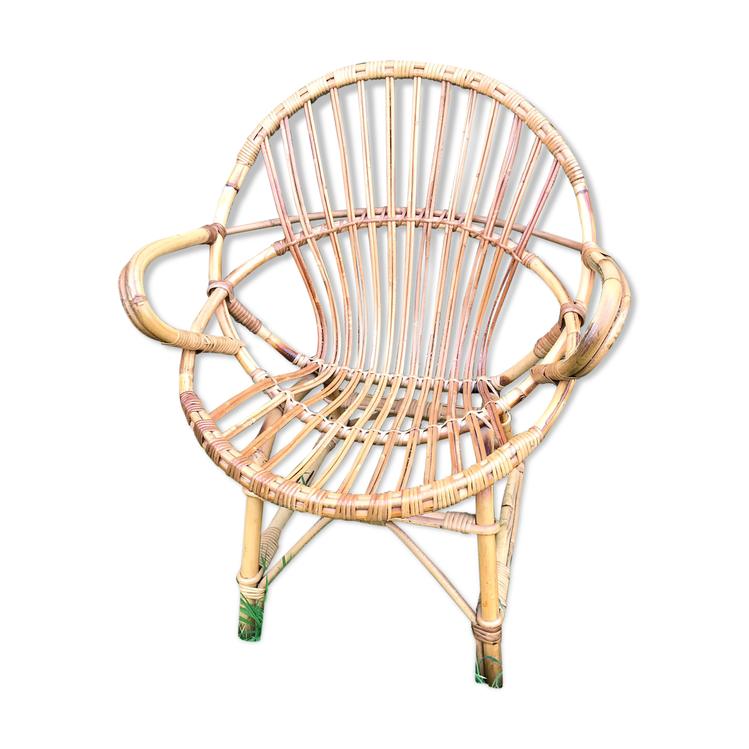 Fauteuil coquille rotin et bambou vintage des années 60