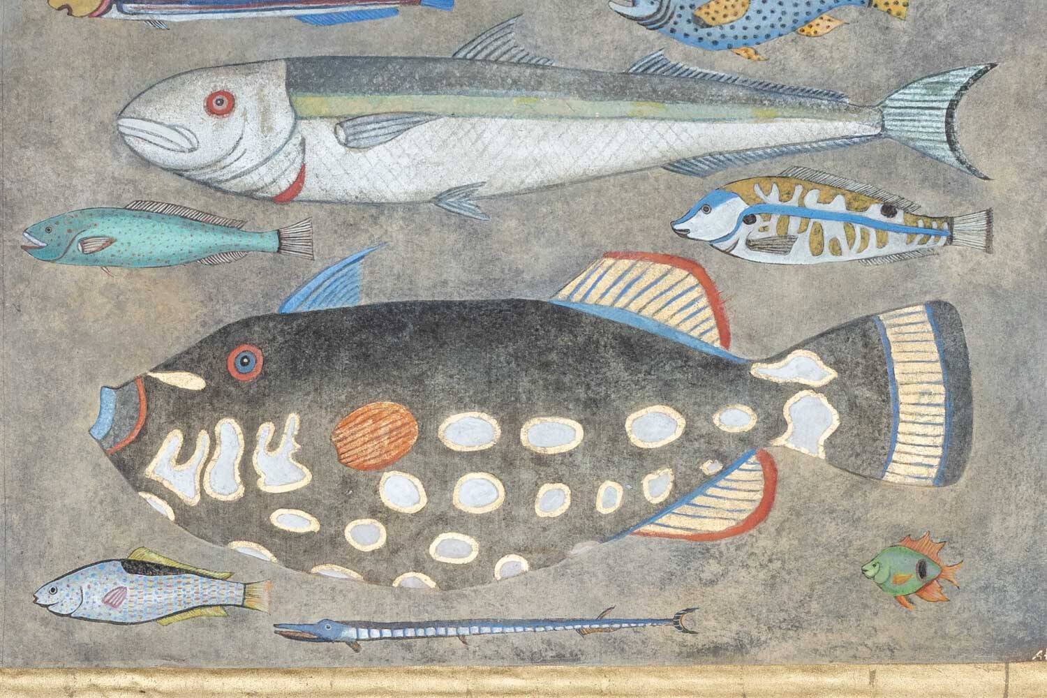 Painted canvas representing a board of fish. Contemporary work.