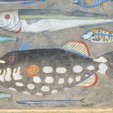 Painted canvas representing a board of fish. Contemporary work.