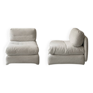 2 Italian off-white chenille armchairs with wooden base, 1970s design.