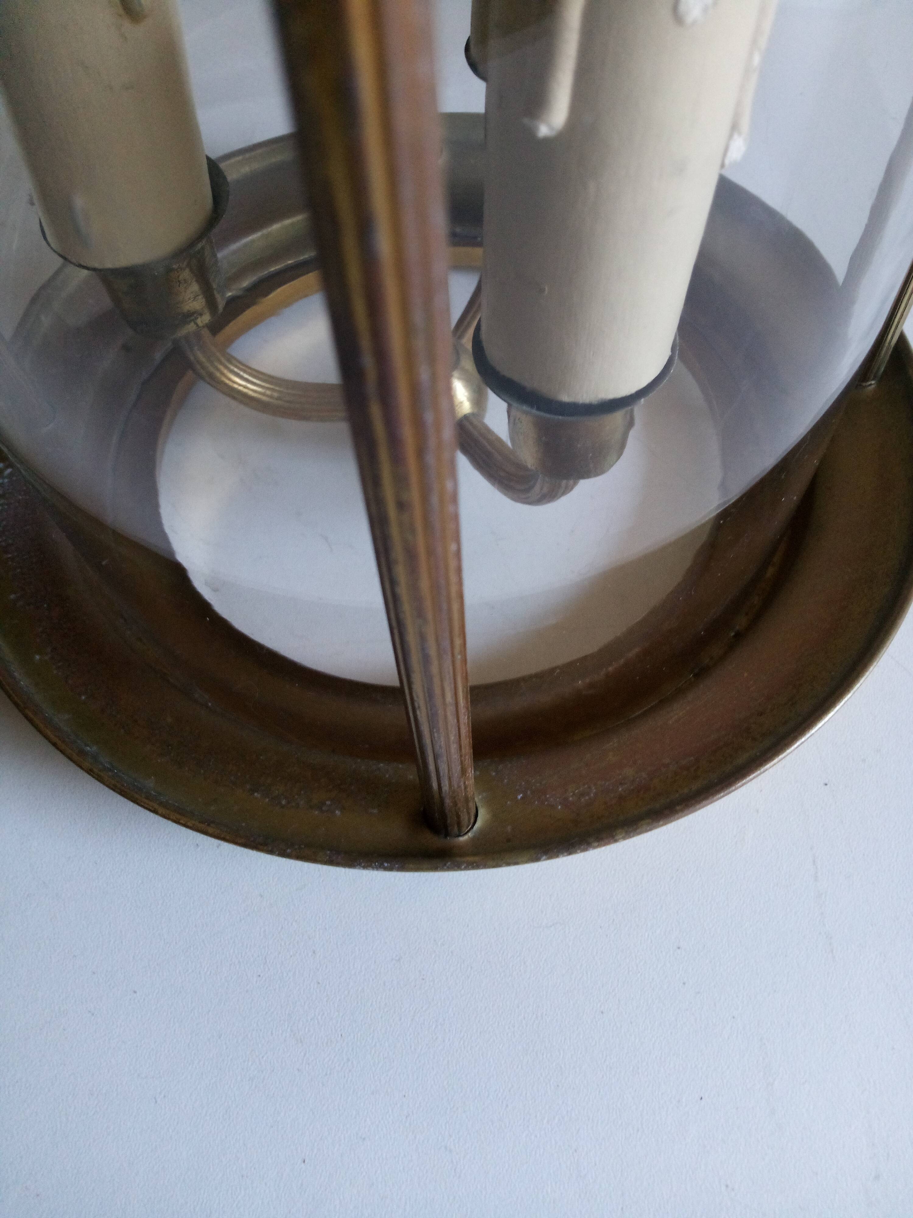 Antique entrance hall lantern - 3 lights - brass & convex glass