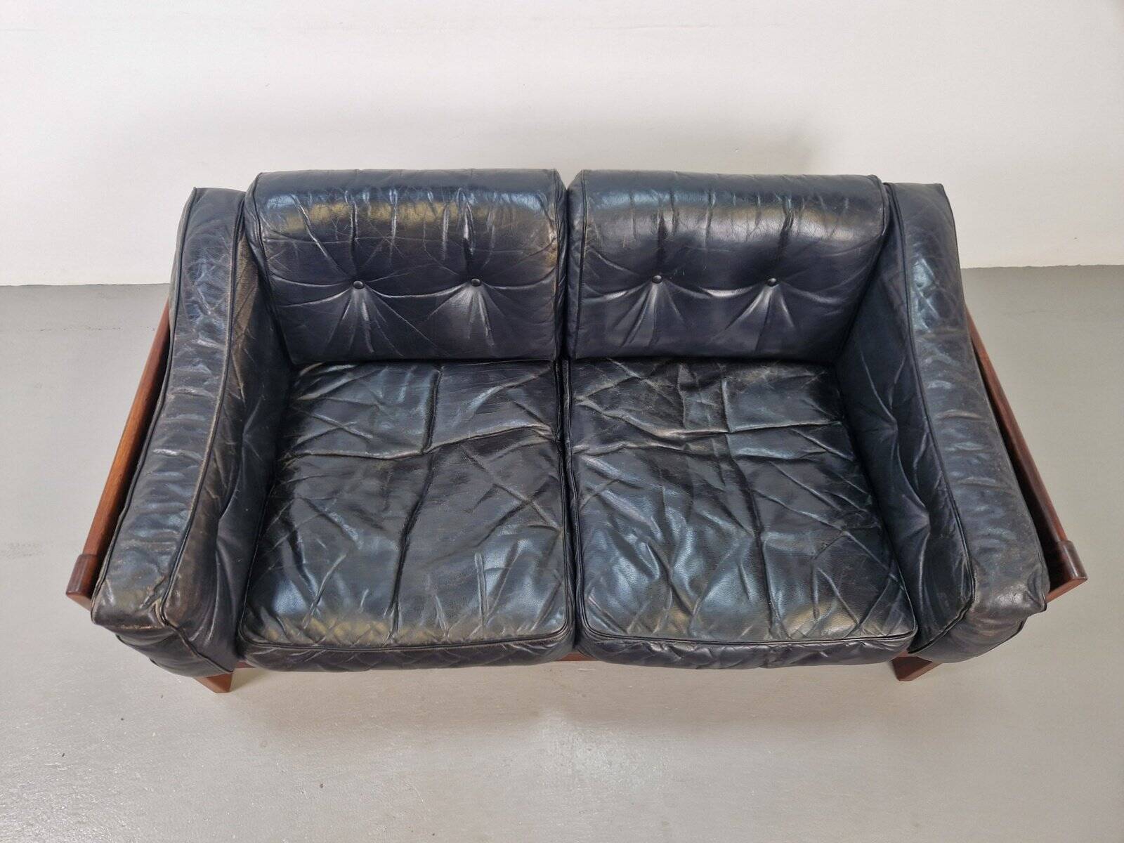 Mid-Century Modern Scandinavian Monte Carlo Sofa in Black Leather and Wood by Ingvar Stockum, 1965