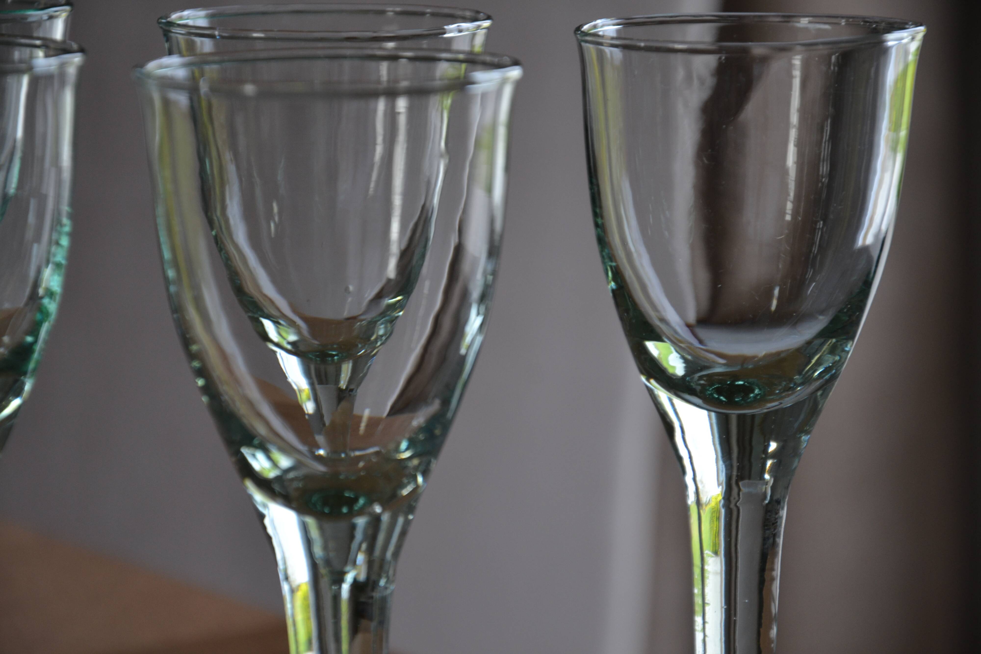 7 green blown glass bubble wine glasses