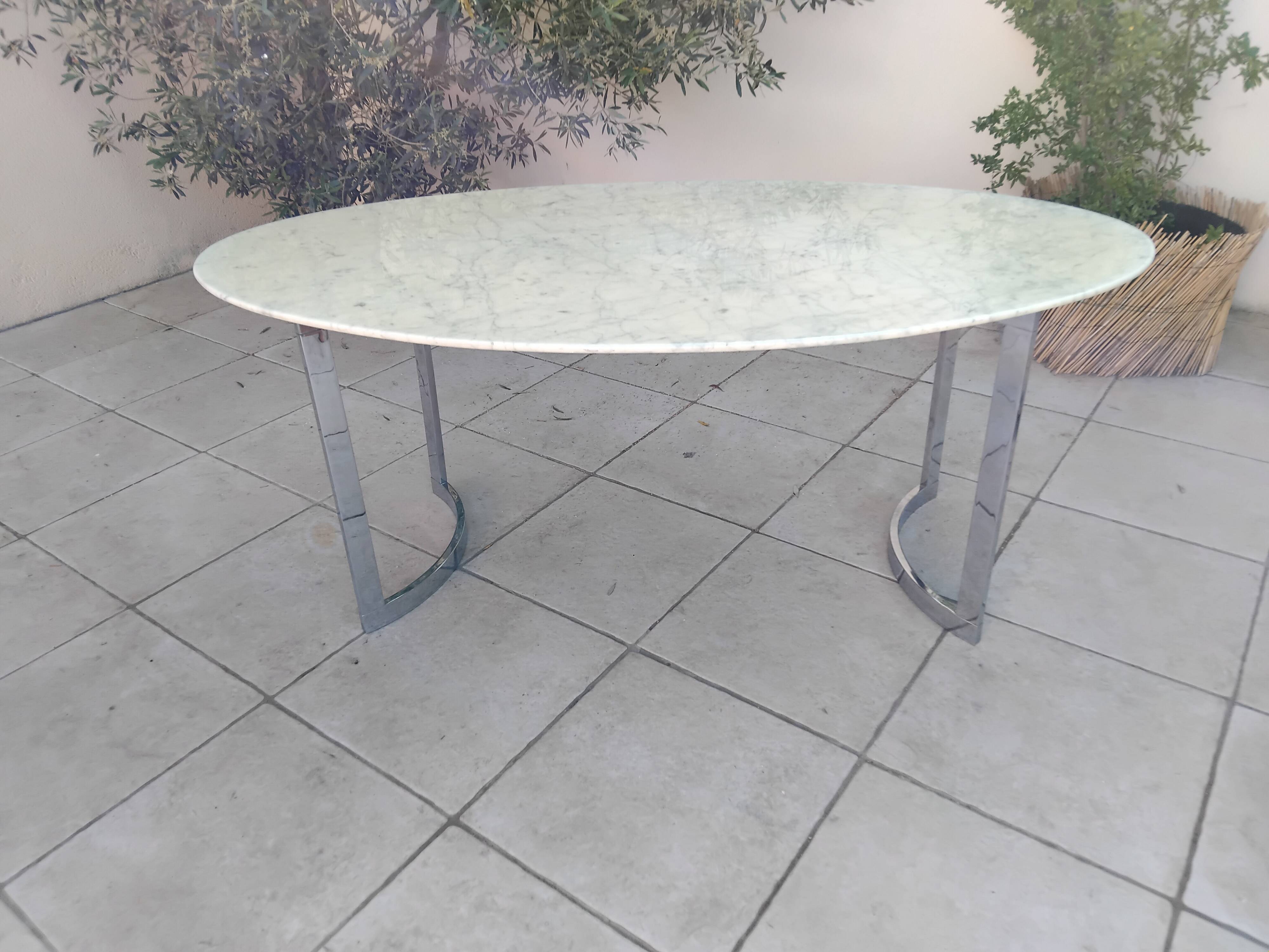 Carrara marble and chrome dining table, vintage Italy, 70s style