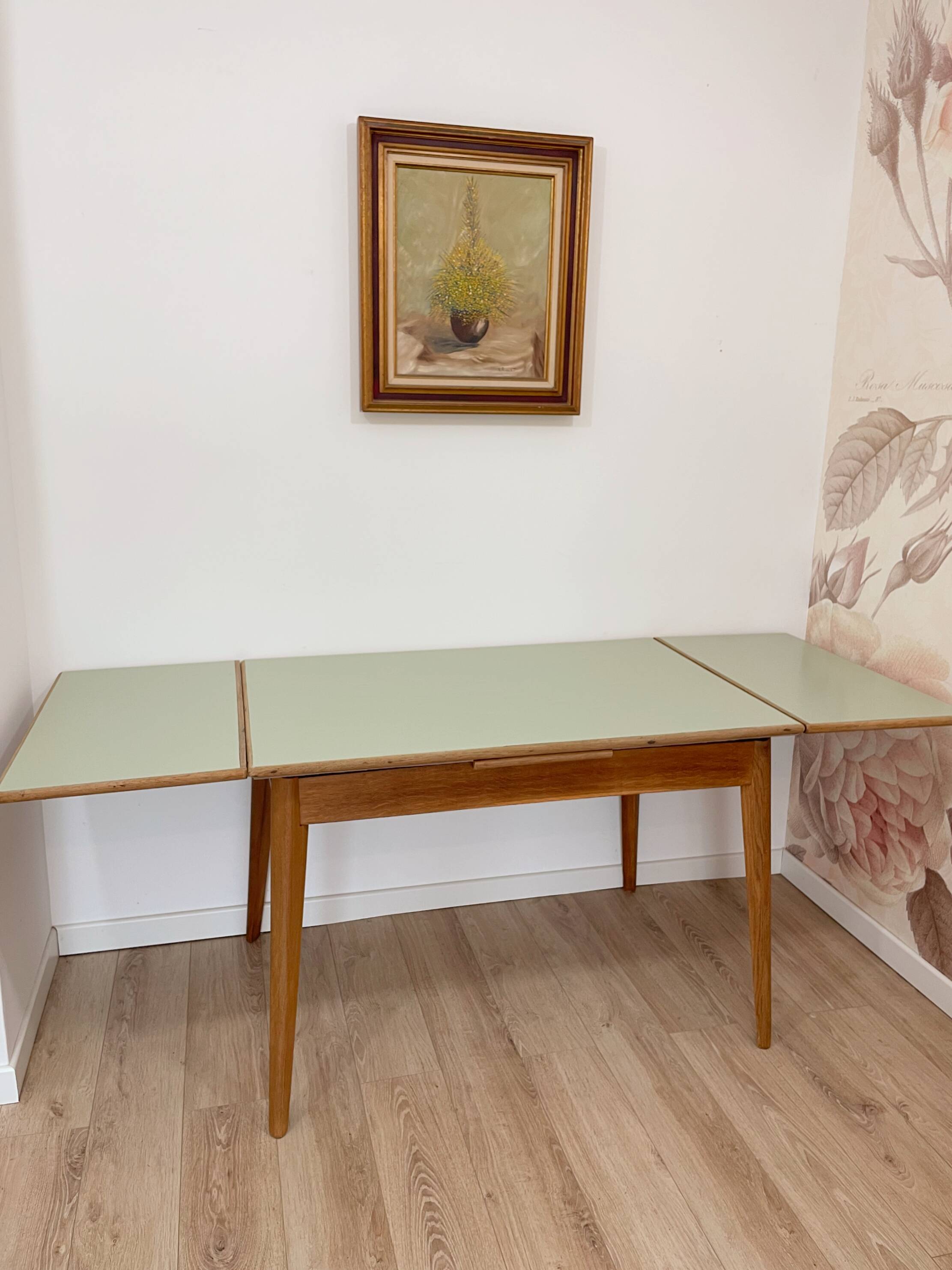 Vintage extendable dining table, wood and sage green
