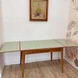 Vintage extendable dining table, wood and sage green