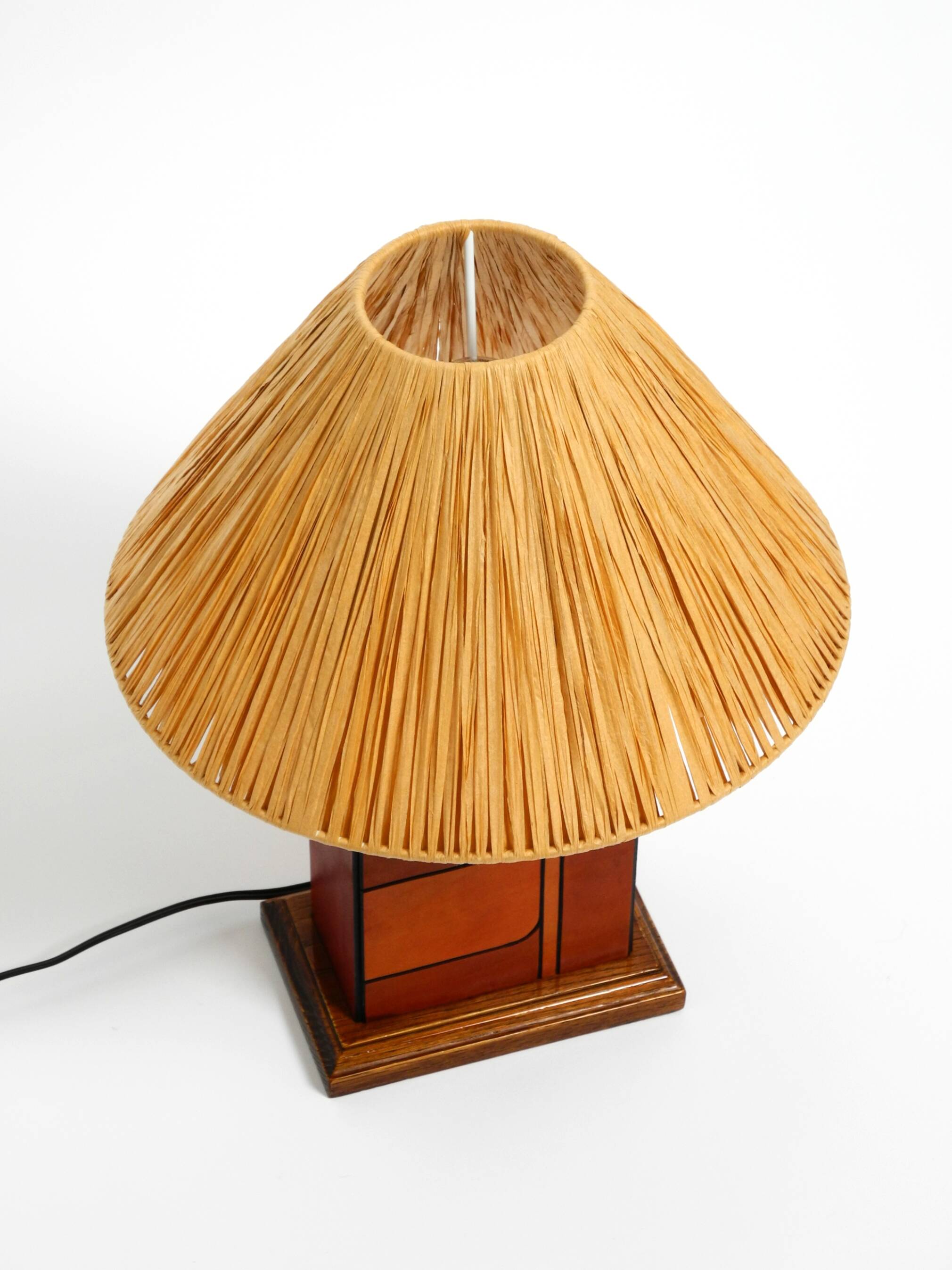 Italian 60s table lamp made of wood and leather with paper straw lampshade