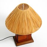 Italian 60s table lamp made of wood and leather with paper straw lampshade
