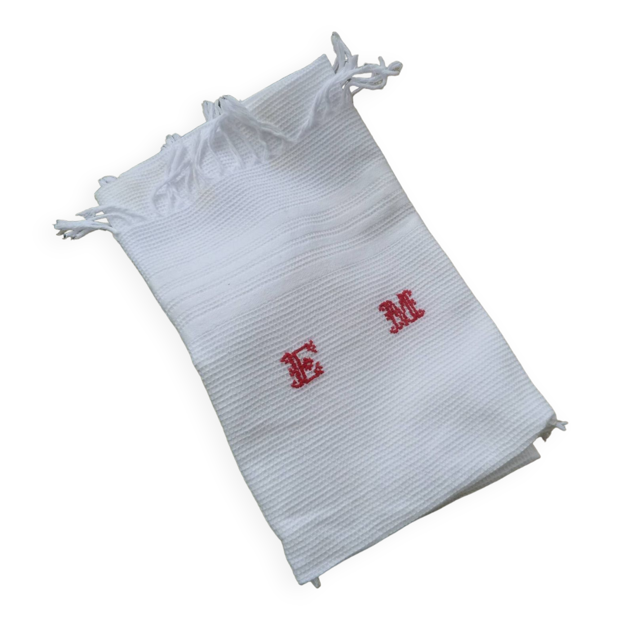 Old towel in white bee-niz cotton and red embroidery EM