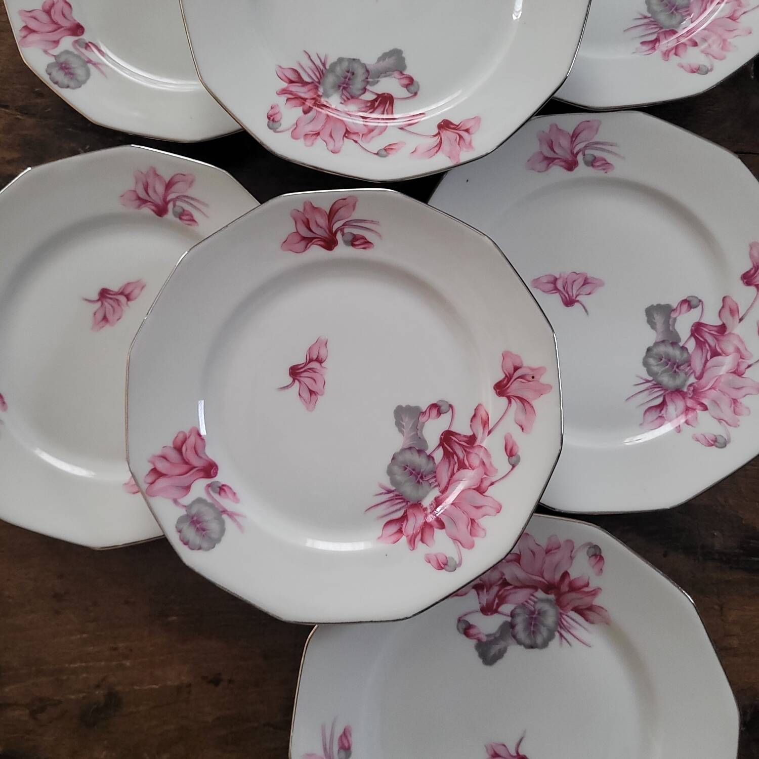 7 assiettes à dessert MBS France – décor de cyclamens roses, liseré ar