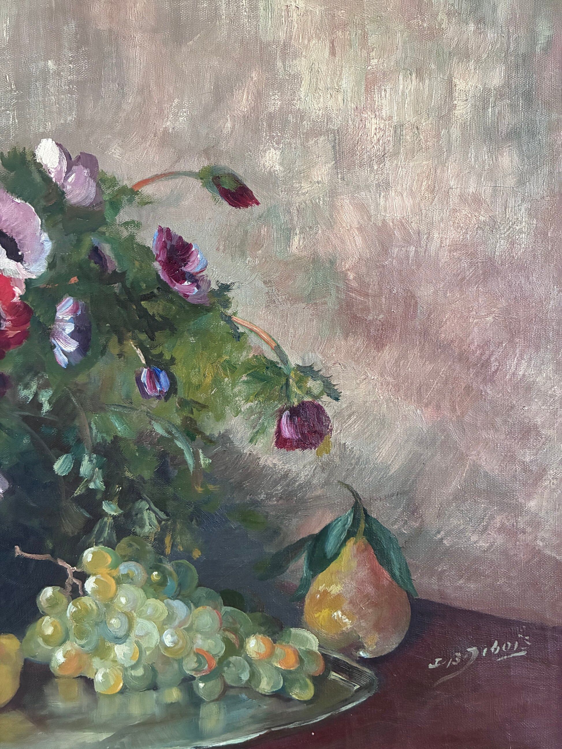 Large vintage original floral still life painting with fruit