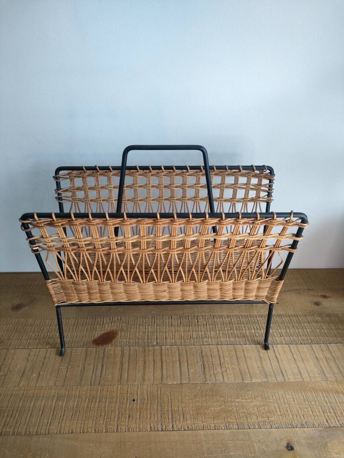 Iron and Rattan Magazine Rack - 1960s - Vintage