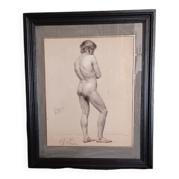 Drawing of a male nude in charcoal - academy signed and dated