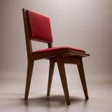c. 1950 - Set of six “compass leg” chairs in oak and red leatherette -