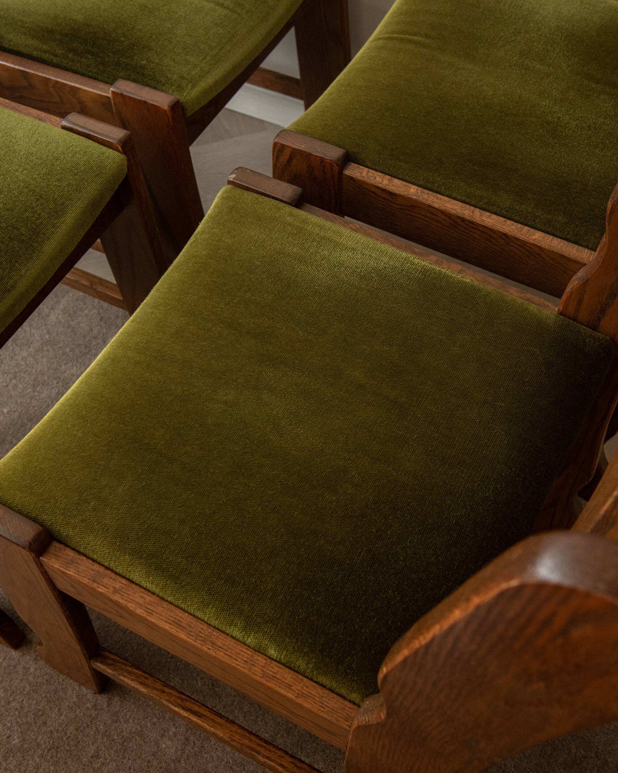 Brutalist Oak Razorback Dining Chairs with Green Velvet, 1970s, Set of 4