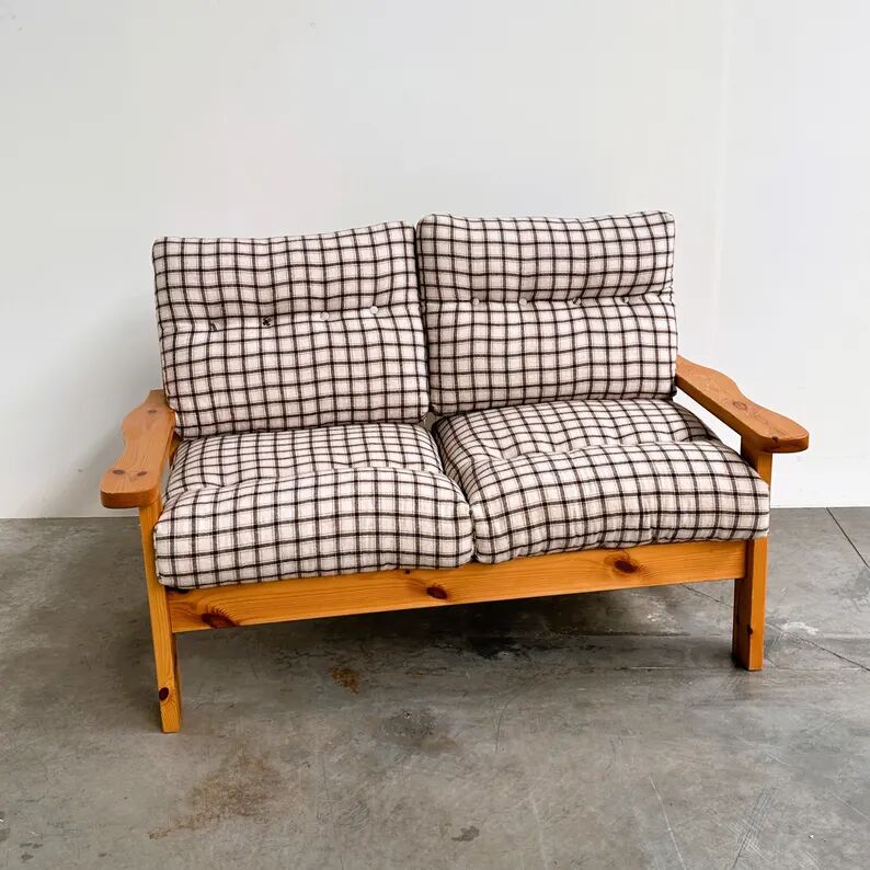 Vintage Two-Seater Pine Sofa with Original Checked Upholstery, 1970s