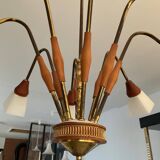 Scandinavian chandelier from the 60s in teak and opaline