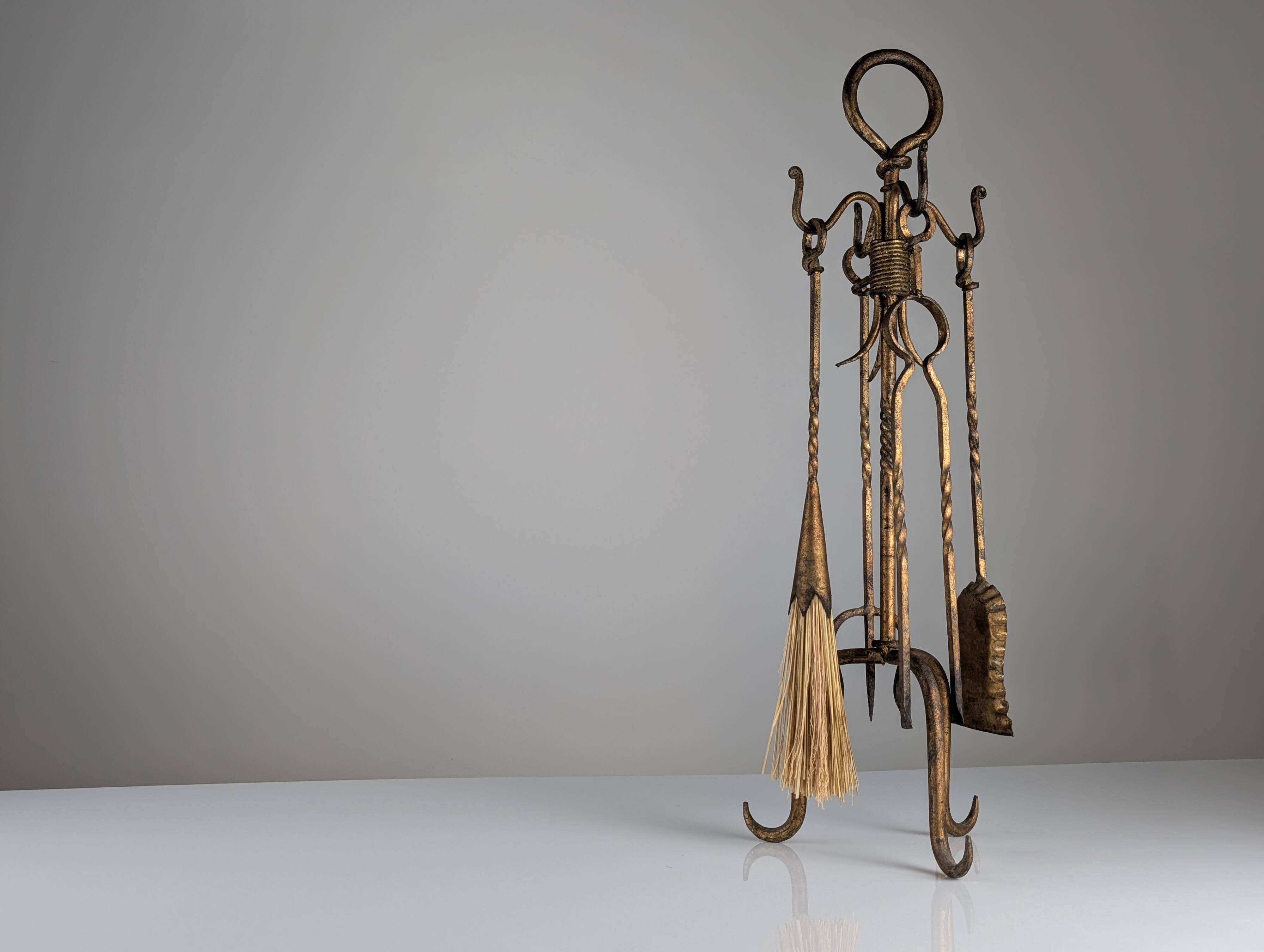 Sculptural Gilded Wrought Iron Fireplace Tool Set, 1960s