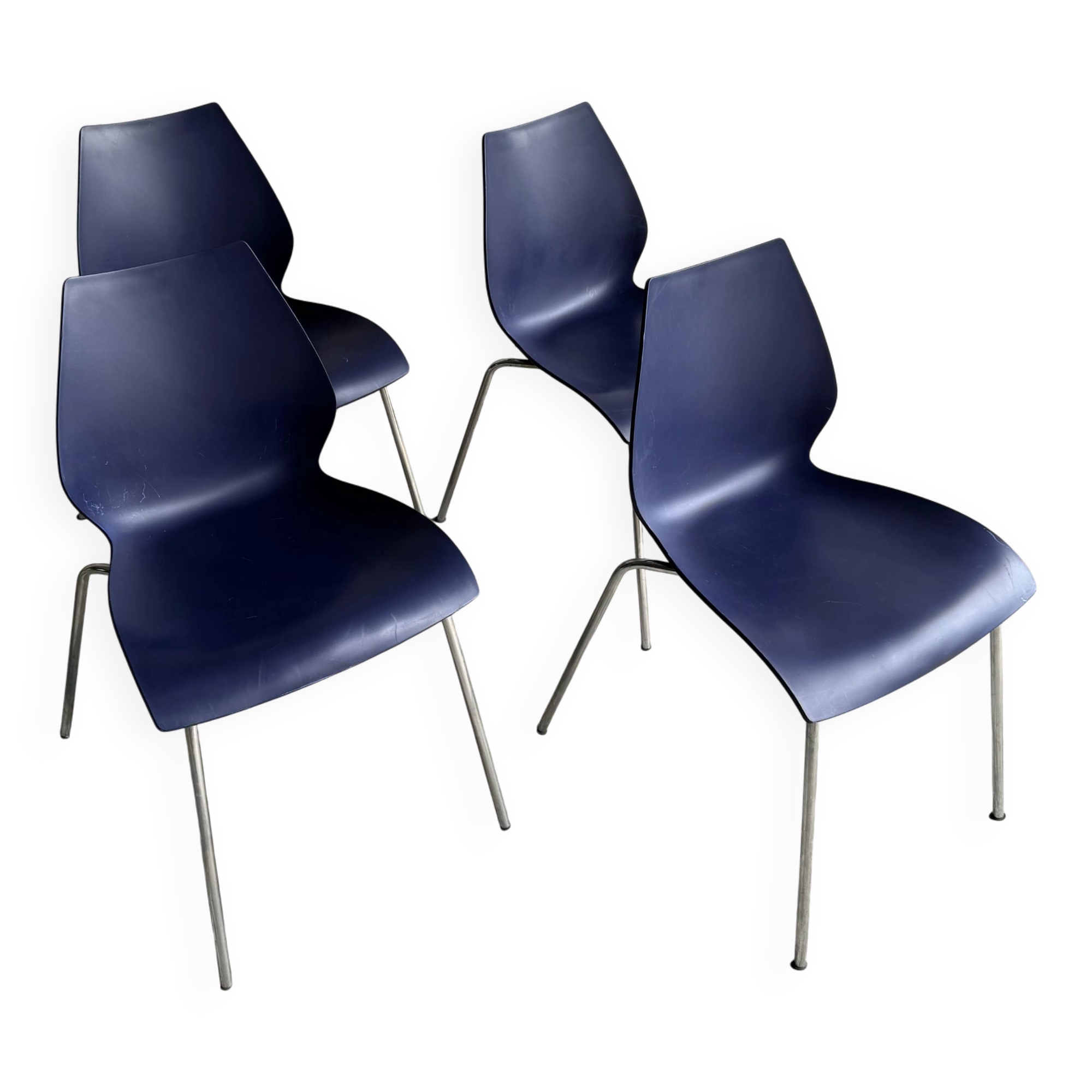 Set of 4 Kartell Maui Chairs — Navy Blue Polypropylene Seats, Chrome Legs, by Vico Magistretti