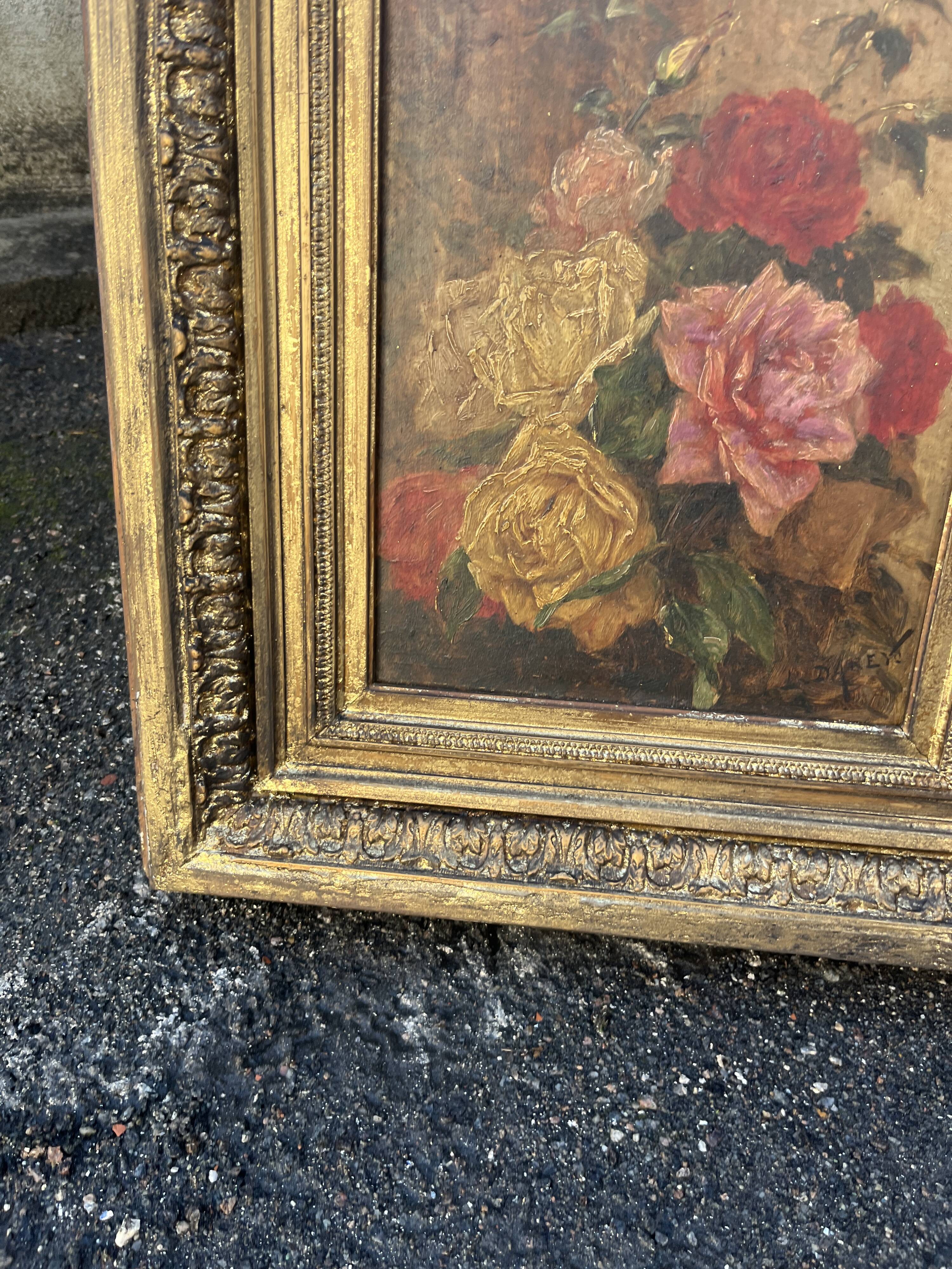 Antique Table XIX – Bouquet of Roses – Oil – Sculpted Gilded Frame