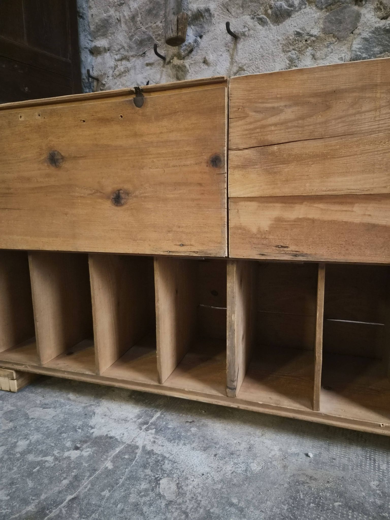 Old French industrial workshop furniture in pine / storage bench, circa 1880–1900