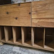 Old French industrial workshop furniture in pine / storage bench, circa 1880–1900