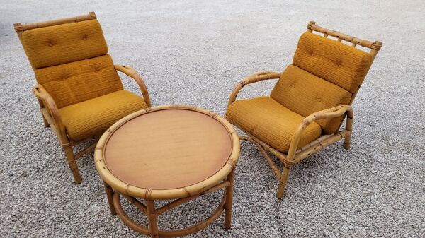 Salon canapé, 2 fauteuils et table basse en rotin vintage fabrication 1950