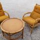 Living room sofa, 2 armchairs and a vintage rattan coffee table from the 1950s.