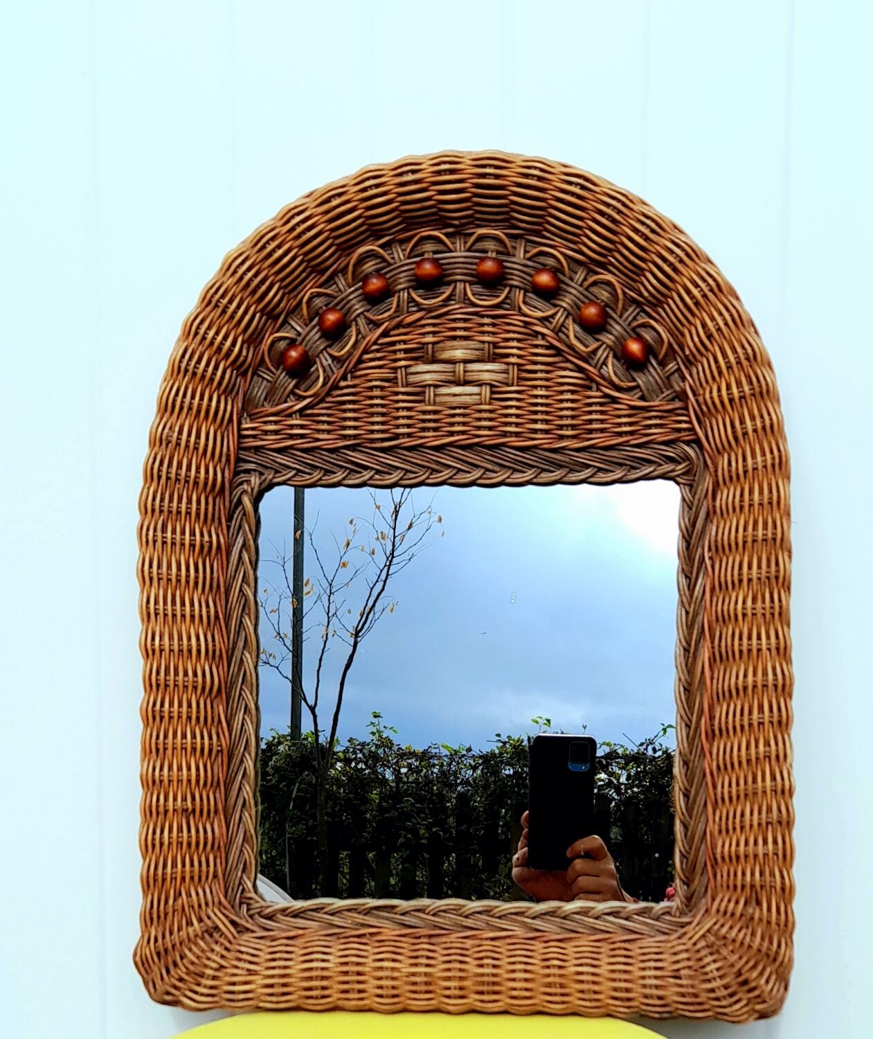 Woven wicker mirror and wooden beads 60s