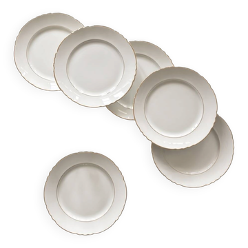 6 assiettes plates faïence ancienne blanc cassé et dorure Moulin des Loups