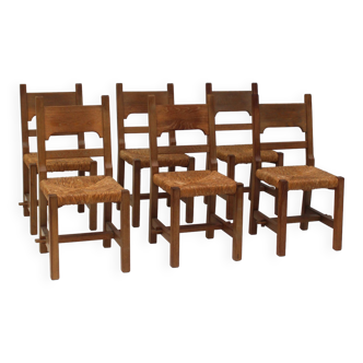 Suite de 6 chaises brutalistes avec assise en jonc