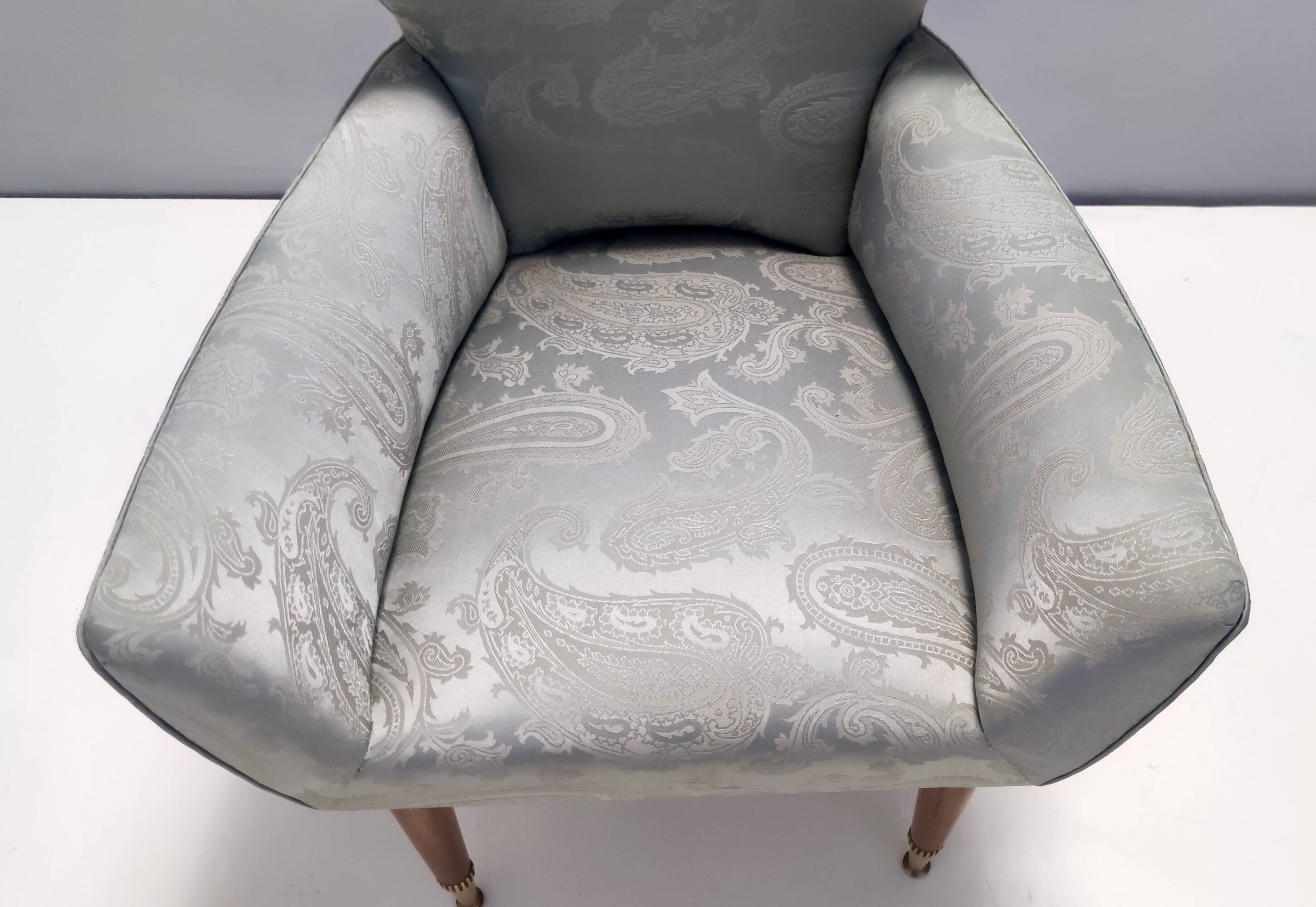 Pair of Grey Satin Lounge Chairs with Walnut Frame and Brass Feet Caps