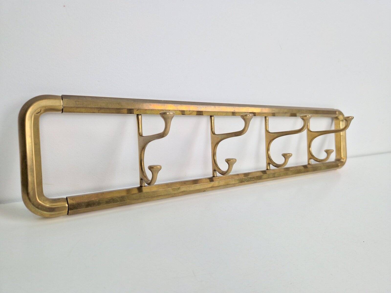 Vintage Art Deco Brass Wall Coat Rack with Folding Hooks, 1930