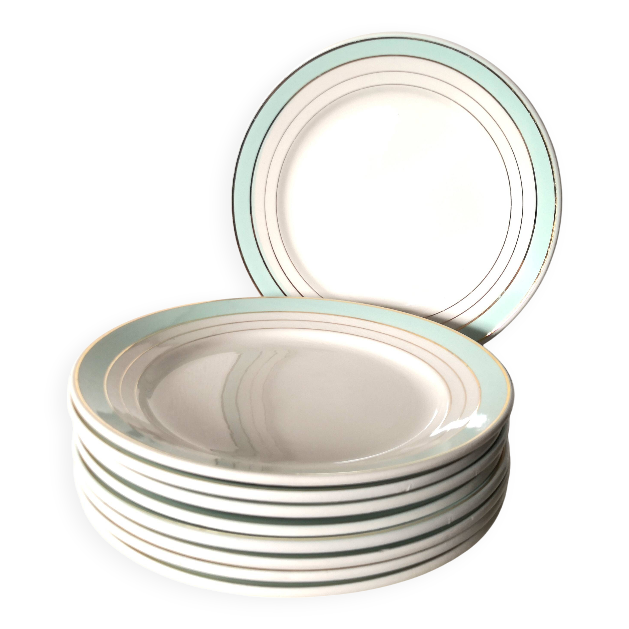 set of 9 green, white and gold Luneville plates